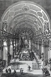 Die Aufbahrung von Alexander Sobieski in der Kapuzinerkirche, Rom, geätzt von Francesco Faraone Aquila, 1714